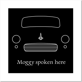 "Moggy spoken here" Morris Minor 1960s British classic car outline white Posters and Art